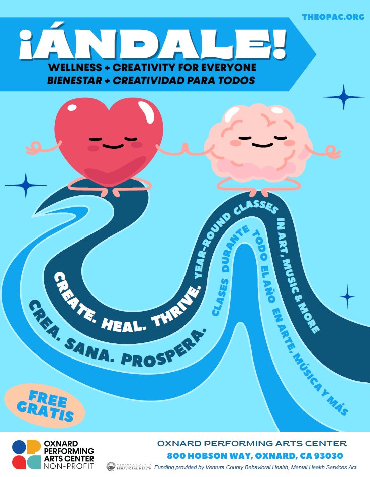Personajes de dibujos animados de un corazón y un cerebro en un puesto de yoga sonriendo en un volante azul oscuro y claro con detalles del evento del programa.